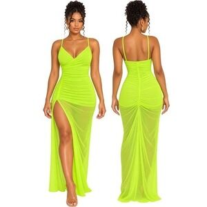 Spring Haze Neon Lime Green Ruched Mesh High Slit Maxi Dress SHD4002 Large